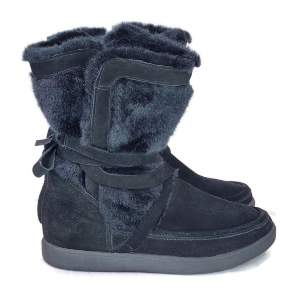 Report Signature Lucinda Black Suede Vegan Fur Lined Cozy Wrap Tie Booties SZ 8 - Picture 1 of 10